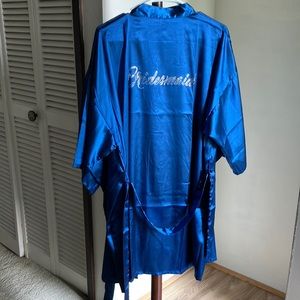2 “Bridesmaid” -royal blue, satin robes with  waist ties. One size fits all.